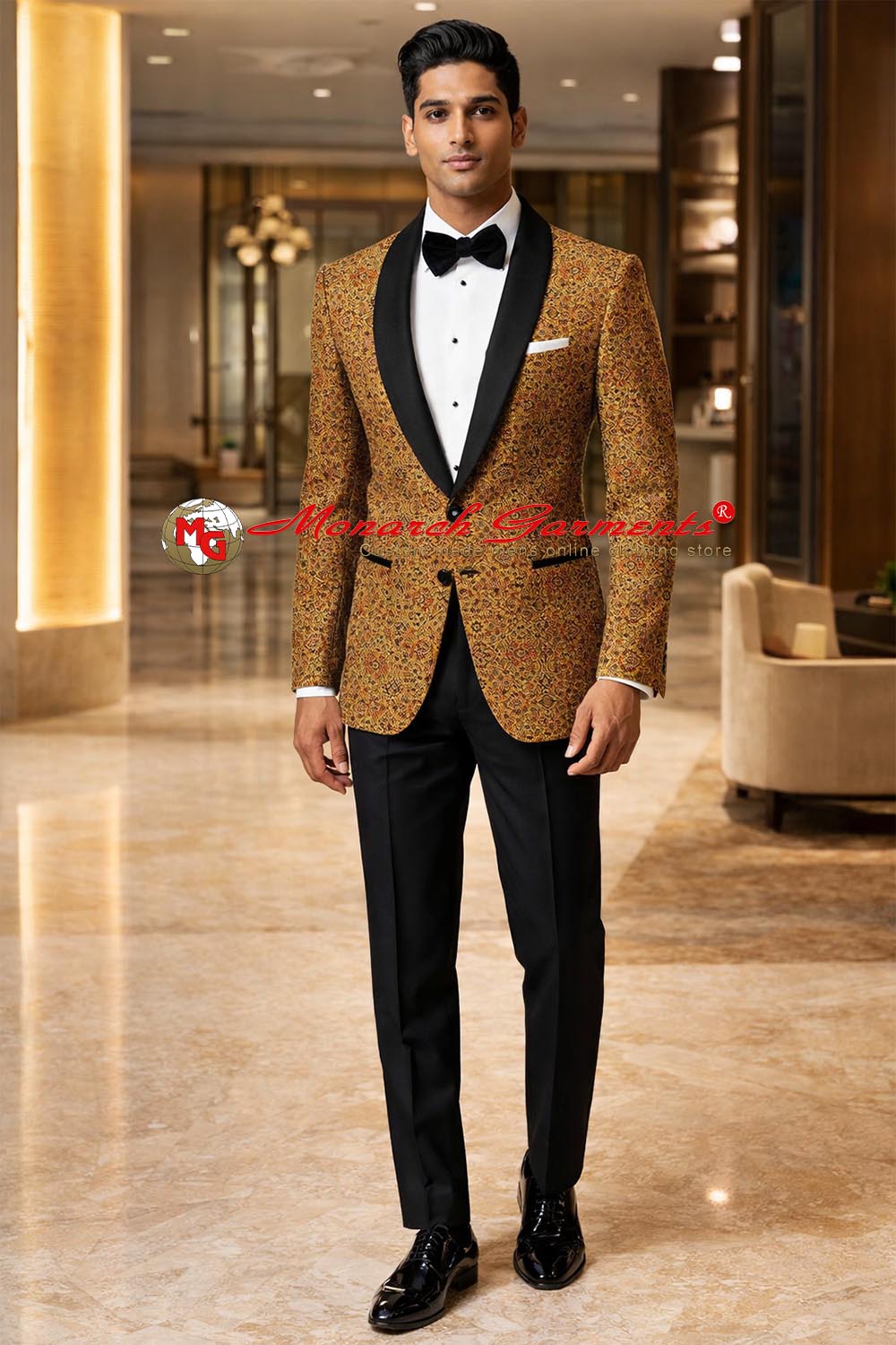 Men’s yellow designer printed cotton slim fit blazer with black satin shawl lapel luxury wedding reception jacket