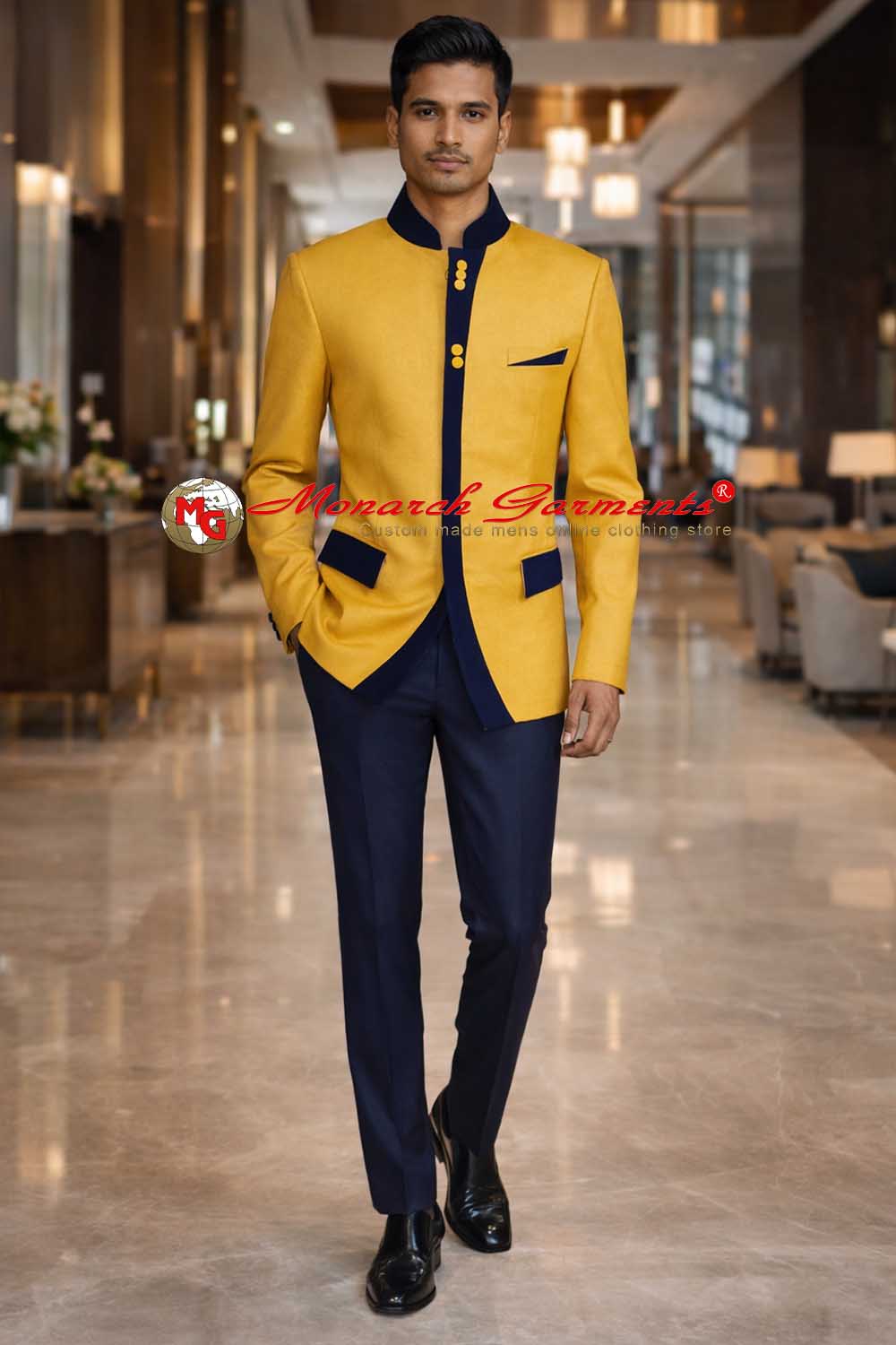 Yellow tuxedo suit with blue velvet trim slim fit designer wedding suit for men