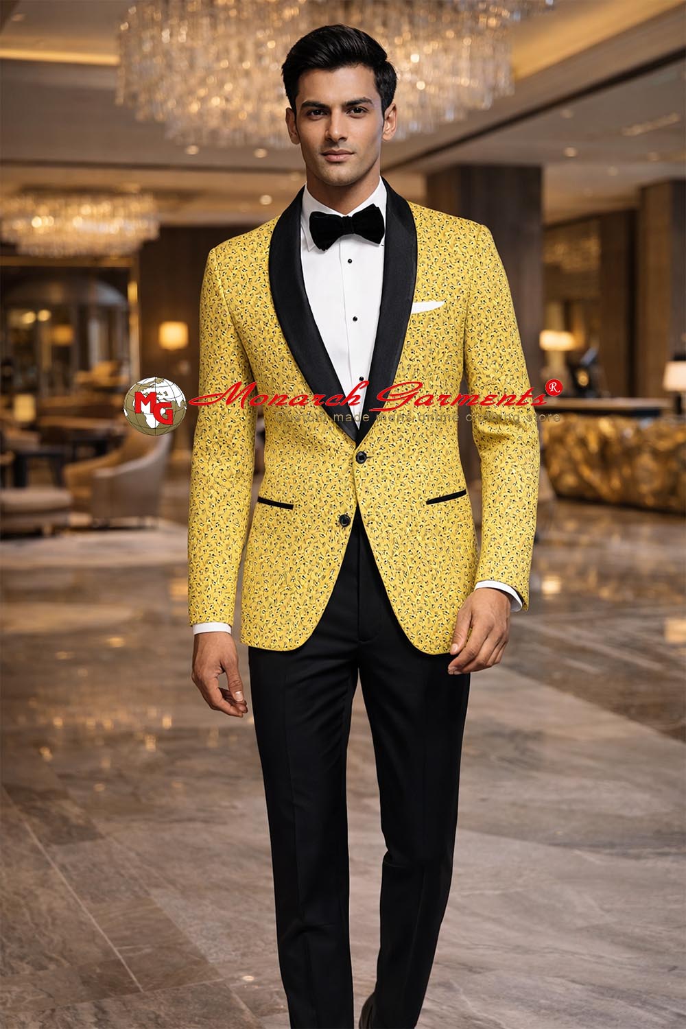 Men’s yellow ethnic printed satin shawl lapel slim fit party blazer by Monarch Garments