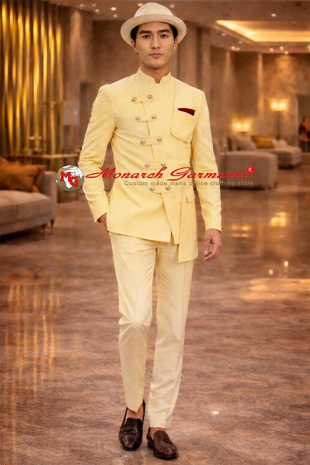 Men wearing yellow Indo-Western bandhgala jacket with strap button closure by Monarch Garments