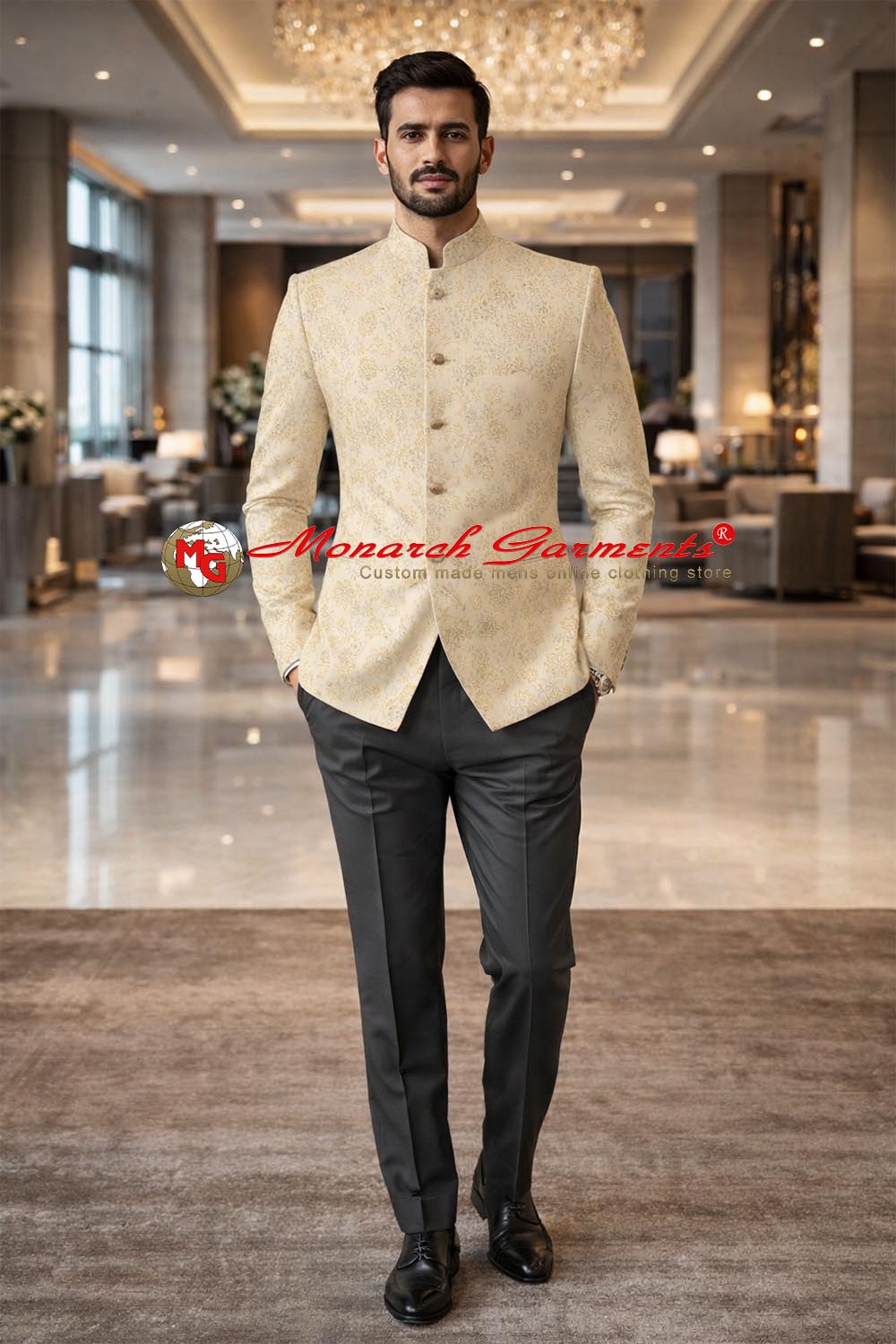 Yellow jacquard Bandhgala Jodhpuri suit for Indian wedding with grey trousers by Monarch Garments