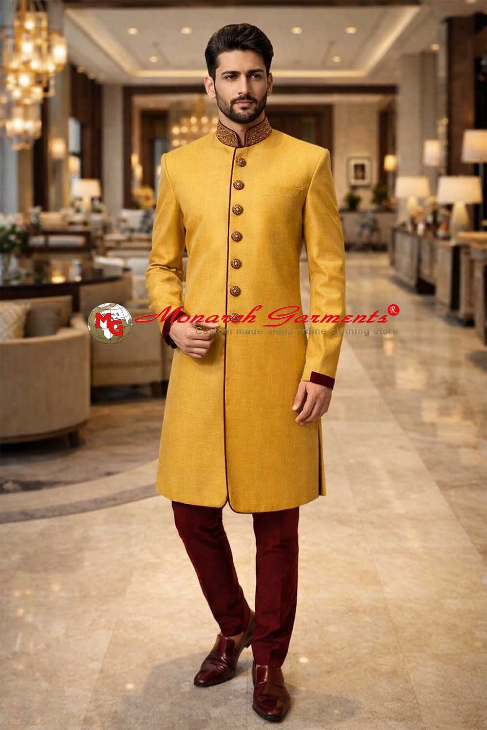 Yellow indo western sherwani for men with red velvet piping and churidar wedding outfit India
