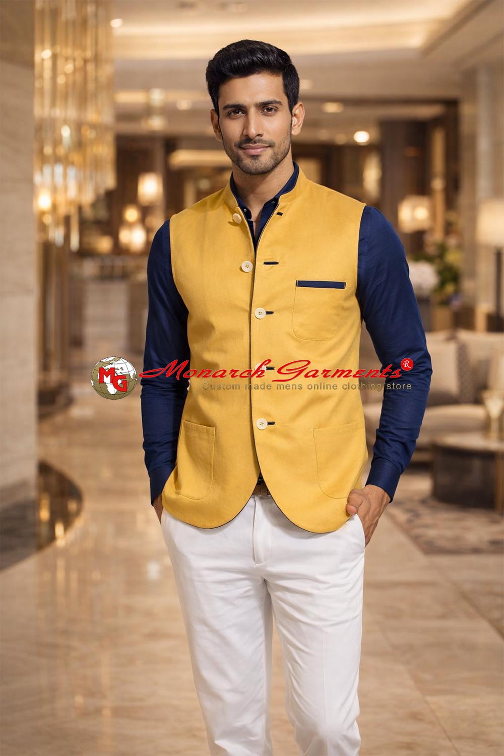 Yellow linen Nehru vest for men tailored fit wedding wear India