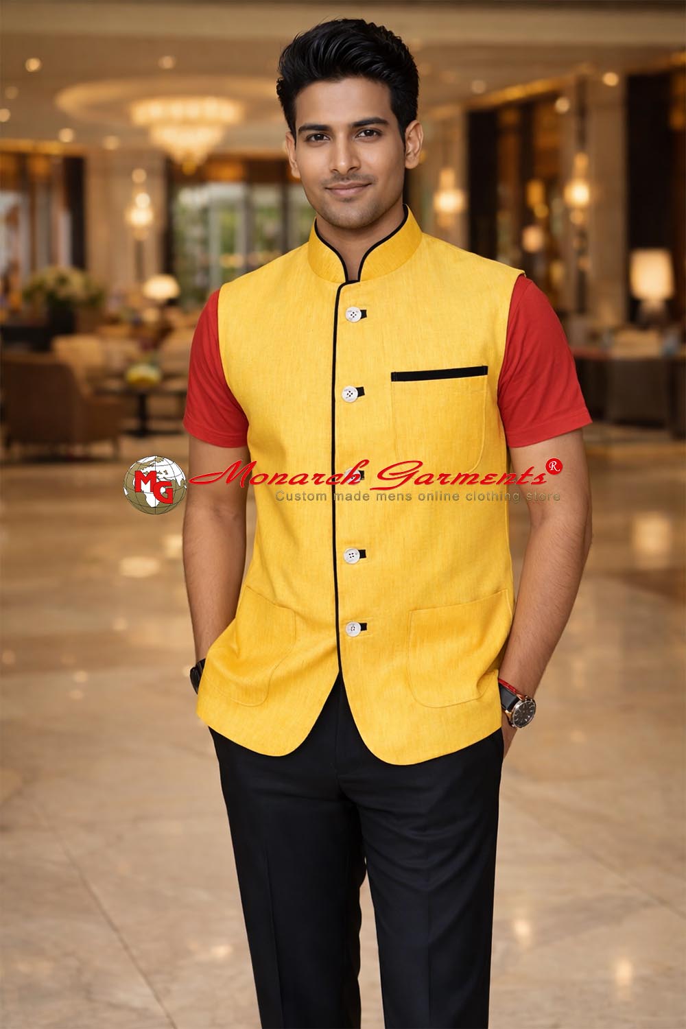 Yellow linen Nehru vest for men tailored fit party wedding wear India