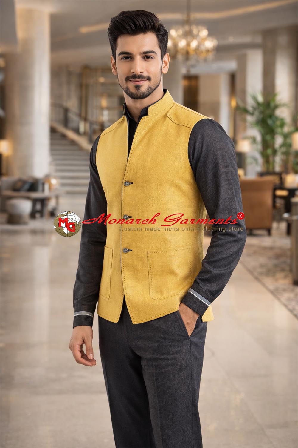 Yellow linen Nehru vest for men tailored fit wedding ethnic wear India
