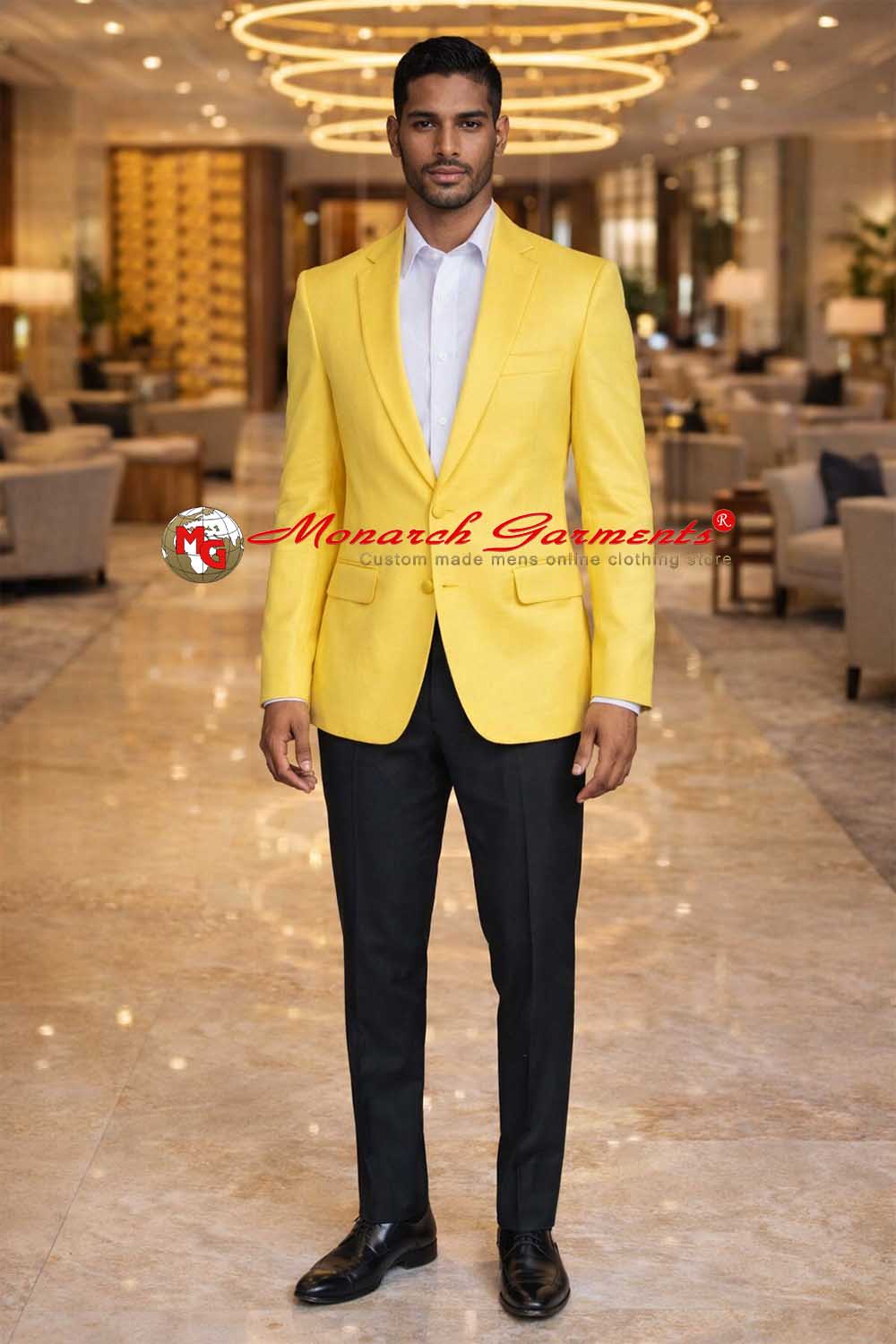 Yellow linen tuxedo suit for men with black trousers slim fit notch lapel wedding outfit