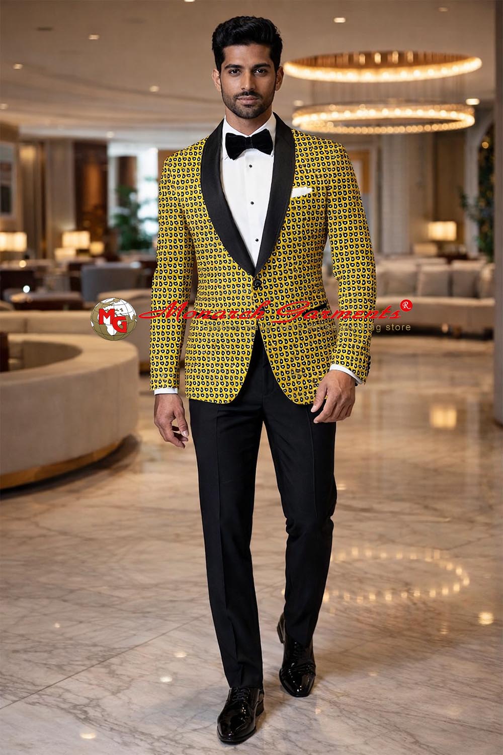 Men’s yellow printed cotton slim fit blazer with black satin shawl lapel designer wedding reception jacket