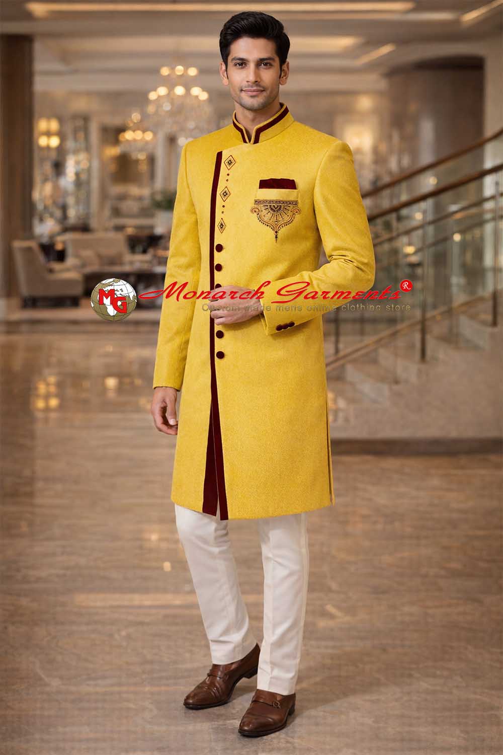 Yellow velvet Indo Western suit for men with maroon trim and white trousers for wedding wear