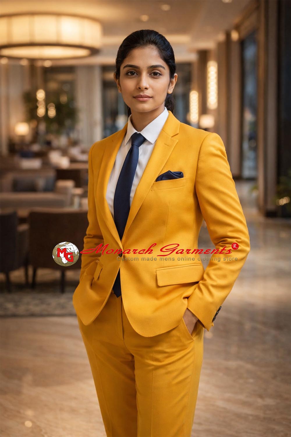 Mustard yellow 2 piece slim fit formal suit for women with blazer and tailored trousers